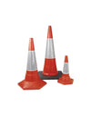 Red traffic cone with reflective tape and black rubber cone