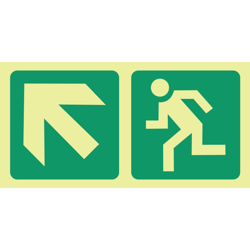 Photoluminescent (Glow in the dark) arrow left up diagonal, running man safety sign SABS - E12