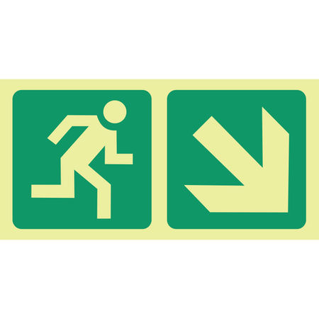 Photoluminescent (Glow in the dark) running man, arrow diagonal down right safety sign SABS - E13