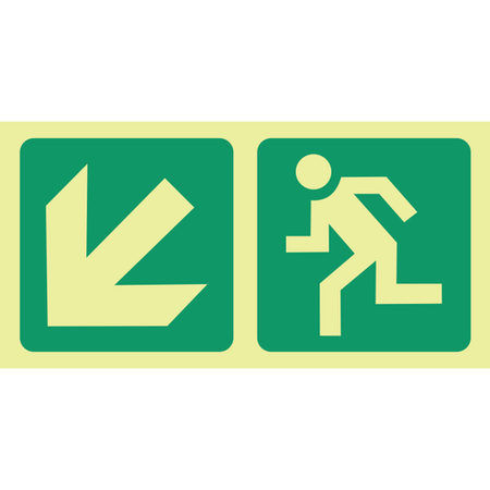 Photoluminescent (Glow in the dark) arrow diagonal down left, running man safety sign SABS - E14