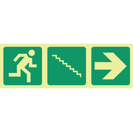 Photoluminescent (Glow in the dark) running man, stairs down, arrow right safety sign SABS - E16