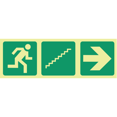 Photoluminescent (Glow in the dark) running man, stairs up, arrow right safety sign SABS - E18