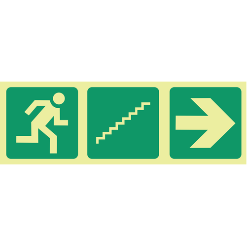 Photoluminescent (Glow in the dark) running man, stairs up, arrow right safety sign SABS - E18