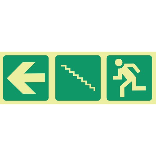 Photoluminescent (Glow in the dark) arrow left, stairs up, running man safety sign SABS - E19