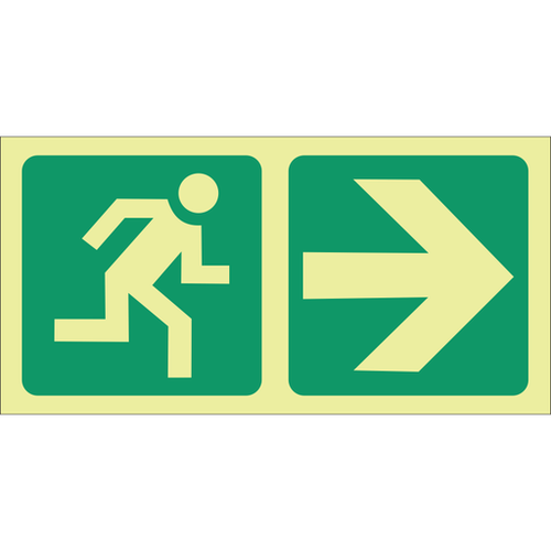 Photoluminescent running man, arrow right safety sign - SABS E1