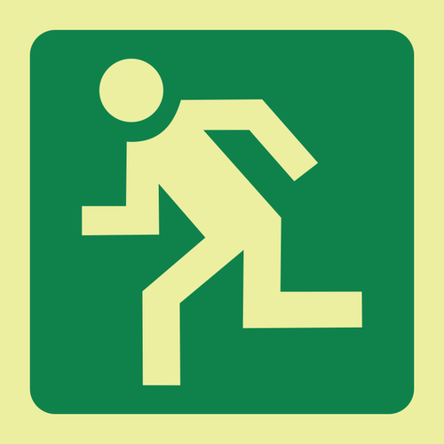 Running man left (escape route) photoluminescent (Glow in the dark) safety sign SABS - E28