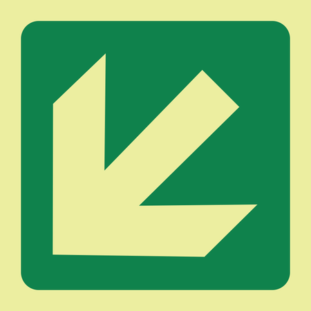 Diagonal arrow down left photoluminescent (Glow in the dark) safety sign SABS - E30