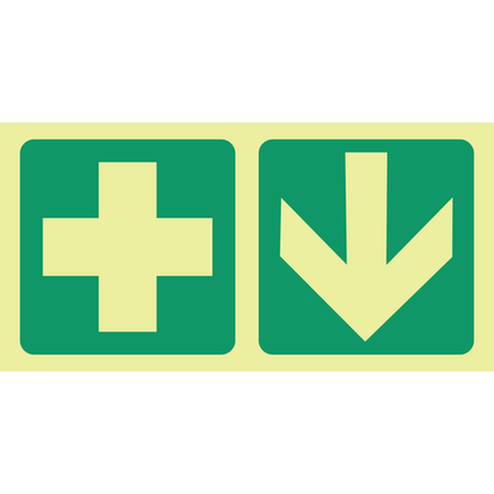 SABS Photoluminescent First aid cross, arrow down safety sign SABS - E7A