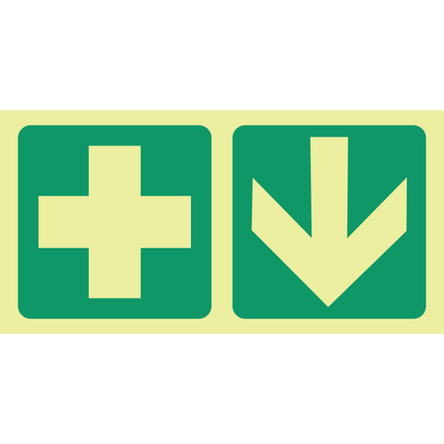 SABS Photoluminescent First aid cross, arrow down safety sign SABS - E7A