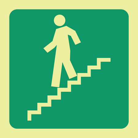 Photoluminescent (Glow in the dark) stairs down left safety sign SABS - E9A