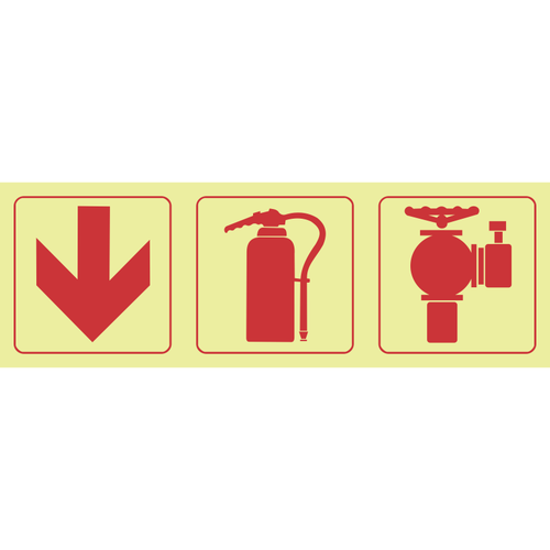 Arrow down, fire extinguisher, fire hydrant photoluminescent (Glow in the dark)  safety sign SABS - F10