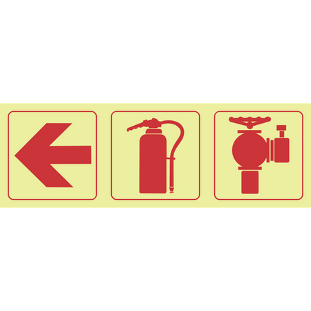 Arrow left, fire extinguisher, fire hydrant photoluminescent (Glow in the dark) safety sign SABS - F11