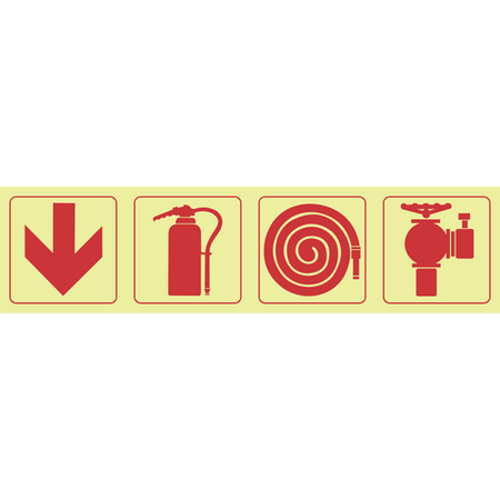 Arrow down, fire extinguisher, fire hose reel, fire hydrant photoluminescent (Glow in the dark) safety sign SABS - F1