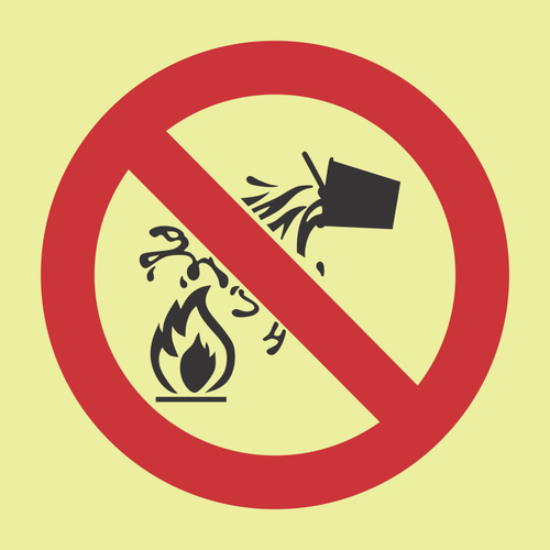 Use of water as extinguishing agent prohibited photoluminescent (glow in the dark) safety sign SABS - F25