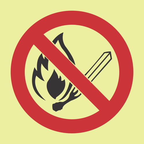 No open flames photoluminescent (Glow in the dark) safety sign SABS - F26