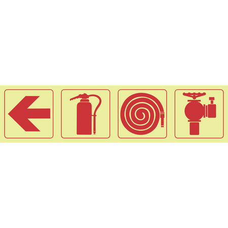 Arrow left, fire extinguisher, fire hose reel, fire hydrant photoluminescent (Glow in the dark) safety sign SABS - F2