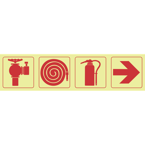 Fire hydrant, fire hose reel, fire extinguisher, arrow right photoluminescent (glow in the dark) safety sign SABS - F3