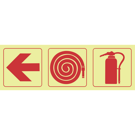 Arrow left, fire hose reel, fire extinguisher photoluminescent (Glow in the dark) safety sign SABS - F5