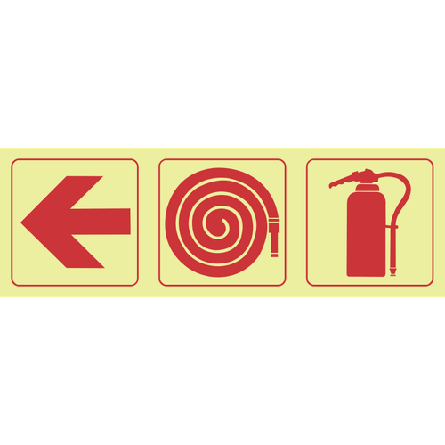 Arrow left, fire hose reel, fire extinguisher photoluminescent (Glow in the dark) safety sign SABS - F5