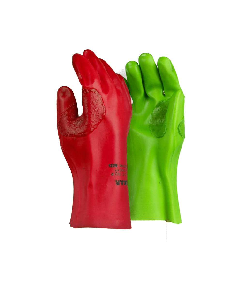 Red Left & Green Right PVC Reinforced Miner’s Gloves – 27cm