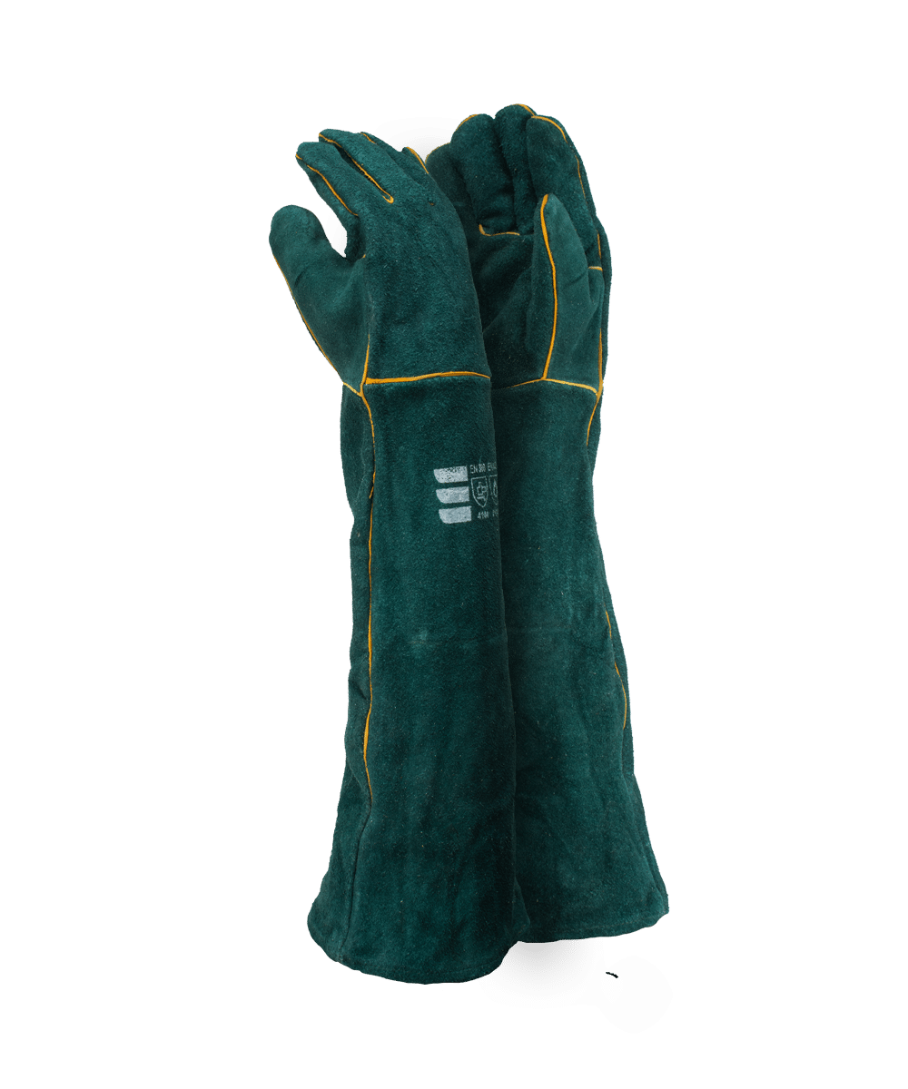 Green Leather Fully Welted Lined Gloves – 40cm Cuff