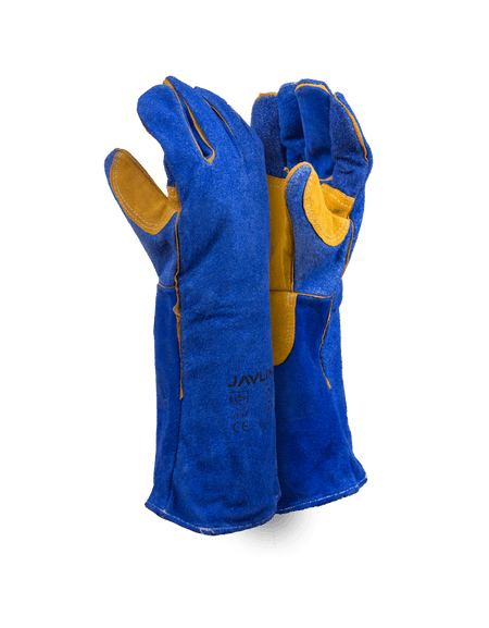 Premium Blue Leather Lined Welding Gloves With Yellow Palm Reinforcing – 20cm Cuff