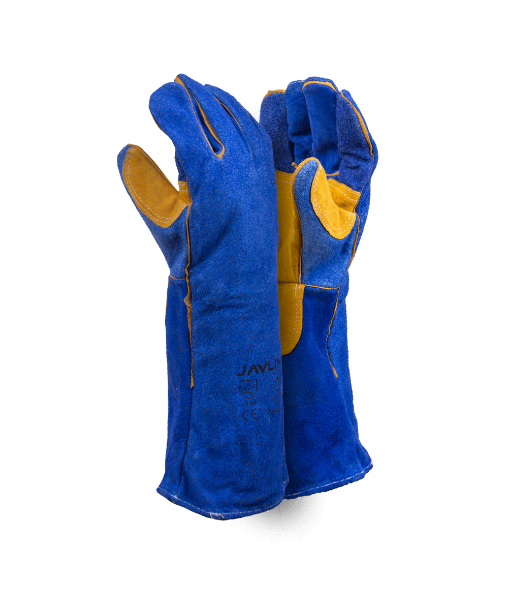 Premium Blue Leather Lined Welding Gloves With Yellow Palm Reinforcing – 20cm Cuff