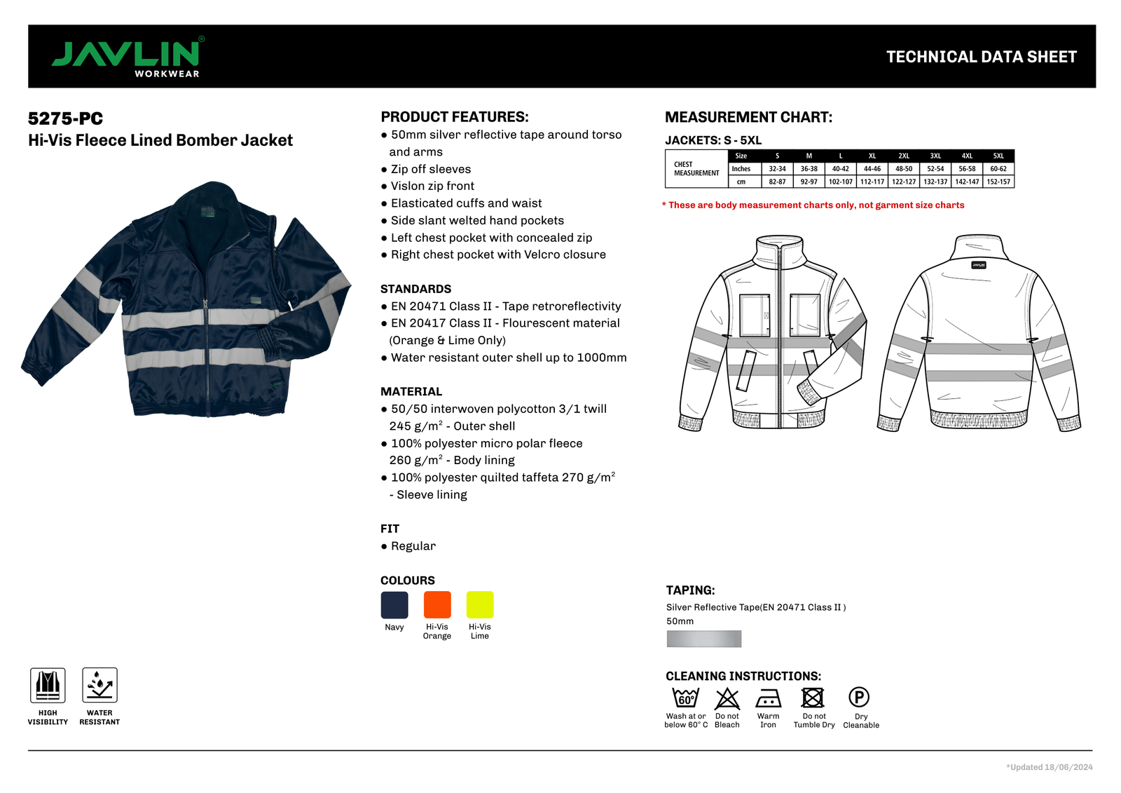 Hi-Vis Fleece Lined Bomber Jacket - Detachable sleeves - Javlin